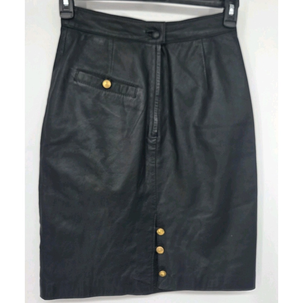 Vintage Genuine Real Leather Skirt 9/10 Black Gold Button Pencil Skirt G-III